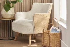 Fashion Miliboo Sofá nórdico efecto borreguillo y madera VALMY