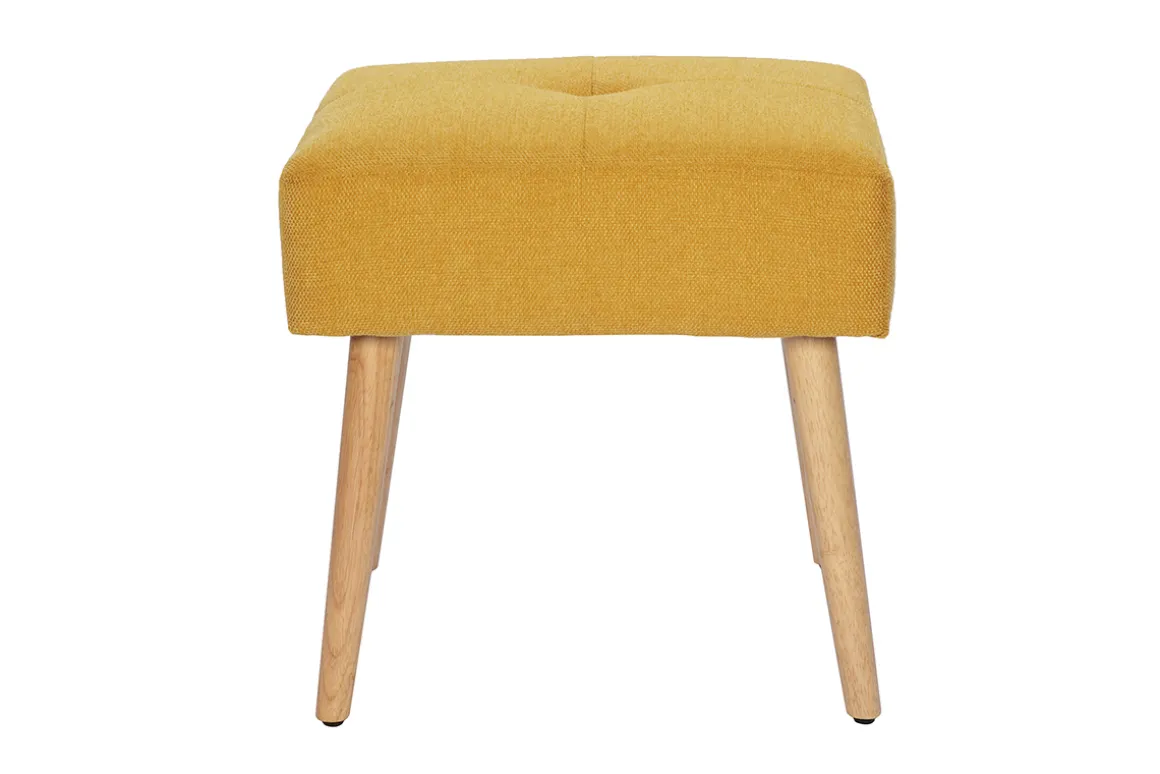 Clearance Miliboo Taburete bajo de tela efecto aterciopelado texturizado amarillo mostaza y madera clara maciza 46 cm GUESTA