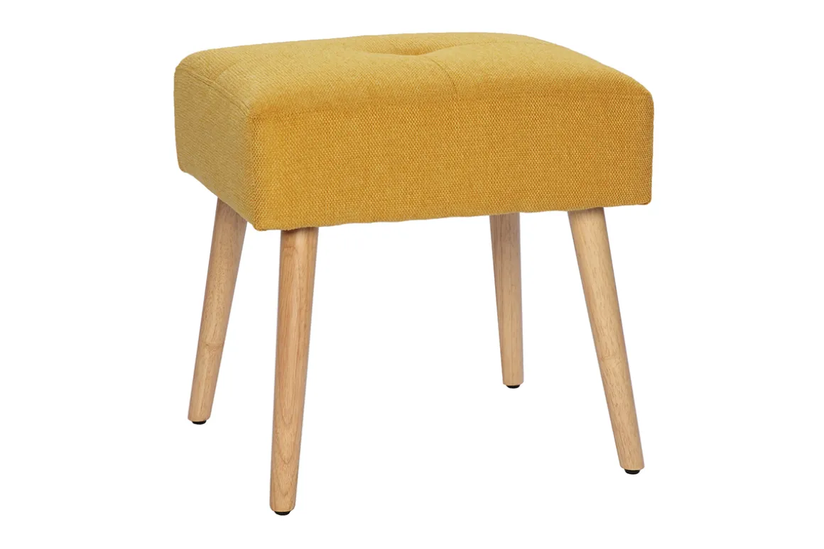 Clearance Miliboo Taburete bajo de tela efecto aterciopelado texturizado amarillo mostaza y madera clara maciza 46 cm GUESTA