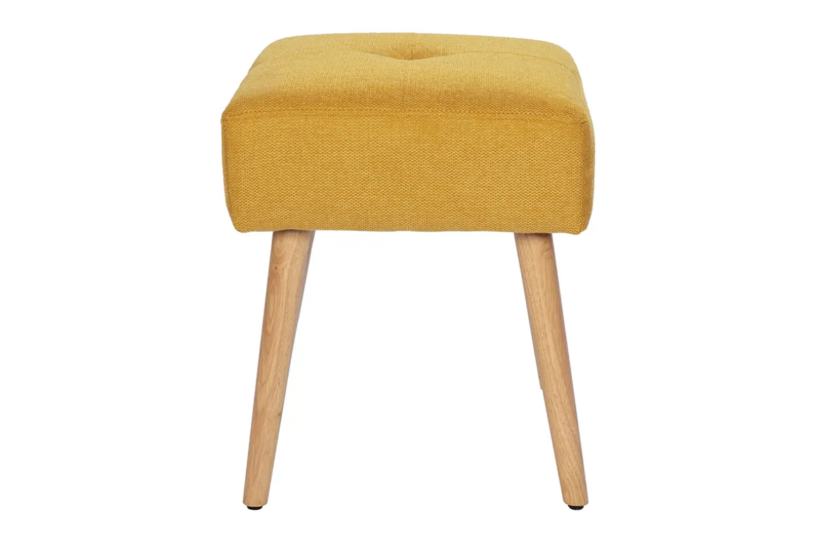 Clearance Miliboo Taburete bajo de tela efecto aterciopelado texturizado amarillo mostaza y madera clara maciza 46 cm GUESTA