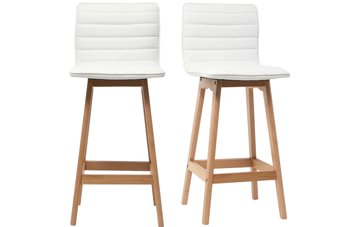 Shop Miliboo Taburete de bar diseño madera y polipiel blanco 65cm lote de 2 EMMA