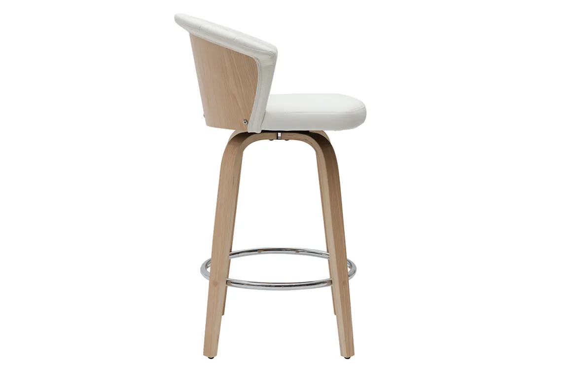 Best Miliboo Taburete de cocina de diseño giratorio blanco con madera clara 65 cm ALBIN
