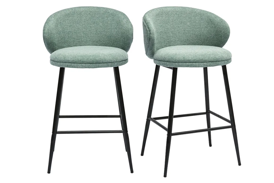 Shop Miliboo Taburetes de bar de diseño en tela efecto terciopelo texturizado celadón y metal negro (juego de 2) ROSALIE