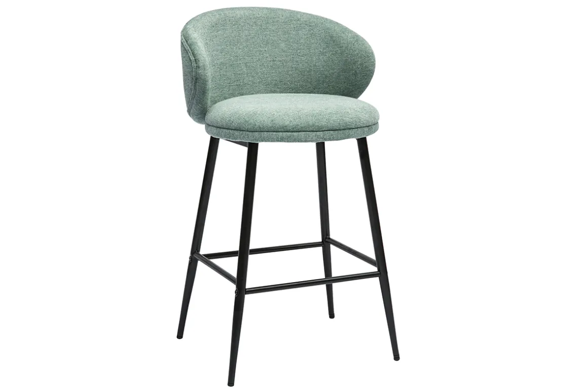 Shop Miliboo Taburetes de bar de diseño en tela efecto terciopelo texturizado celadón y metal negro (juego de 2) ROSALIE
